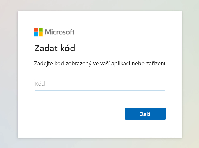 Snímek obrazovky webové stránky, kde můžete vložit kód zařízení