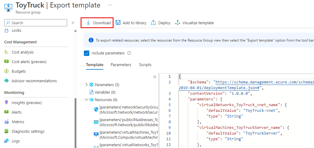 Snímek obrazovky webu Azure Portal znázorňující exportovanou šablonu JSON skupiny prostředků se zvýrazněným tlačítkem Stáhnout