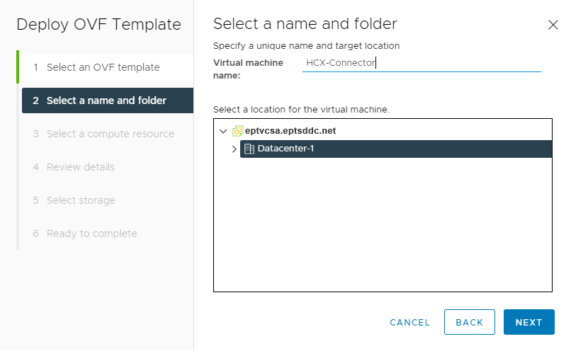 Snímek obrazovky, kde lze pojmenovat zařízení konektoru VMware HCX a kde vybrat datové centrum v místním serveru vCenter.