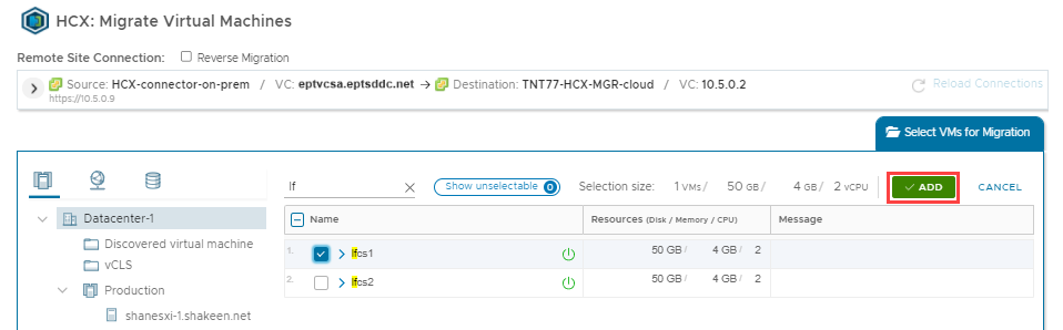 Screenshot of how to select the VMs for migration.