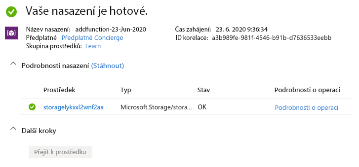 Snímek obrazovky s webem Azure Portal, který zobrazuje nasazený účet úložiště.