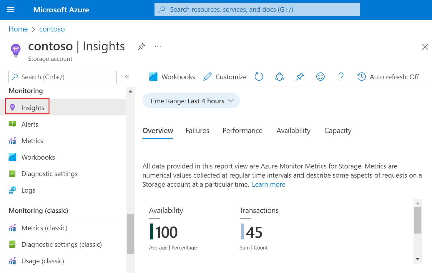 snímek obrazovky s přehledy úložiště na webu Azure Portal