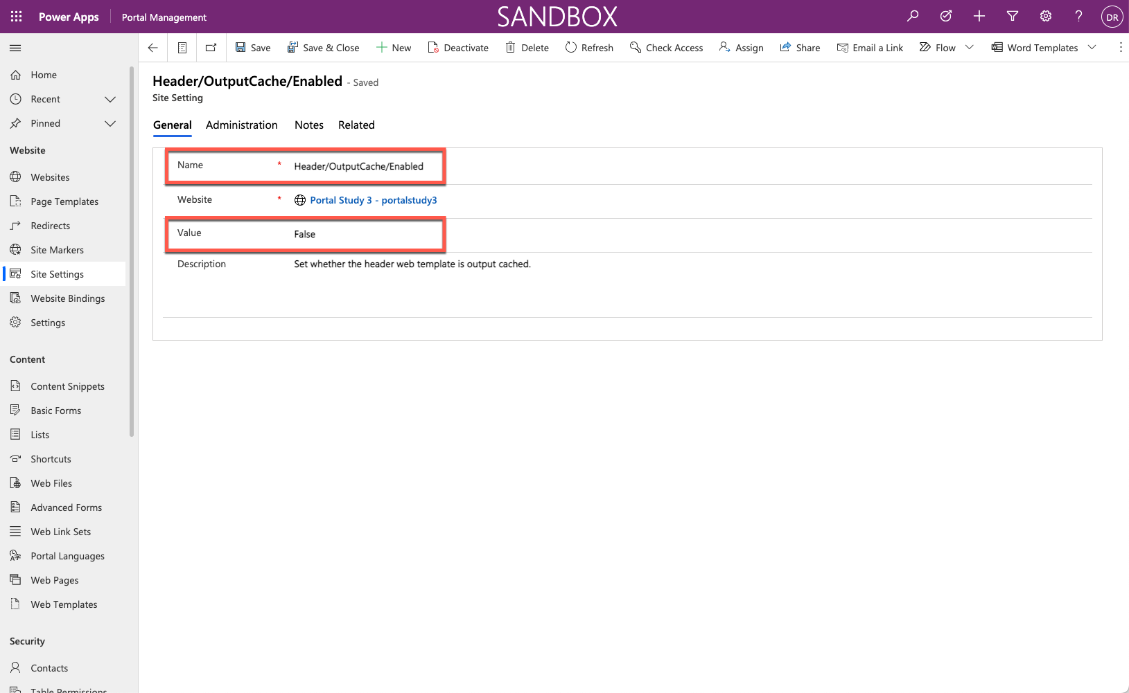 Screenshot of the disable header output cache by using the Site Setting record.