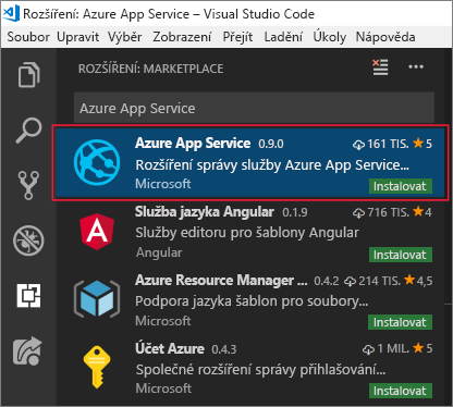 Snímek obrazovky Visual Studio Code ukazující kartu Rozšíření se zvýrazněným rozšířením Azure App Service ve výsledcích hledání.