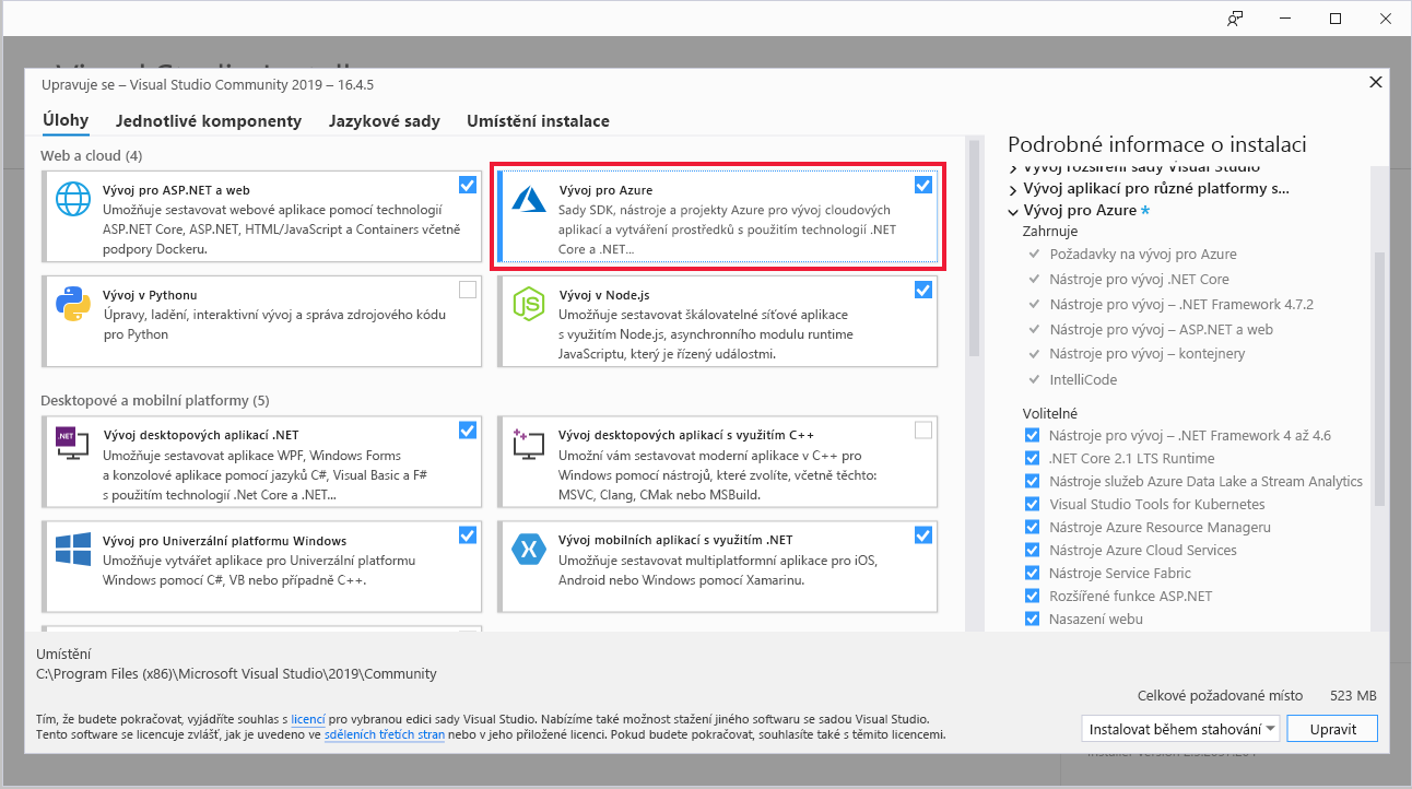 Snímek obrazovky se zvýrazněnými úlohami Instalační program pro Visual Studio se zvýrazněným vývojem pro Azure