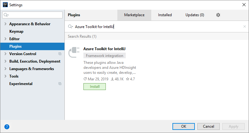 Snímek obrazovky prostředí IntelliJ IDEA s oknem Settings (Nastavení), vybraným oddílem Plugin (Modul plug-in) a výsledky hledání pro Azure Toolkit for IntelliJ.