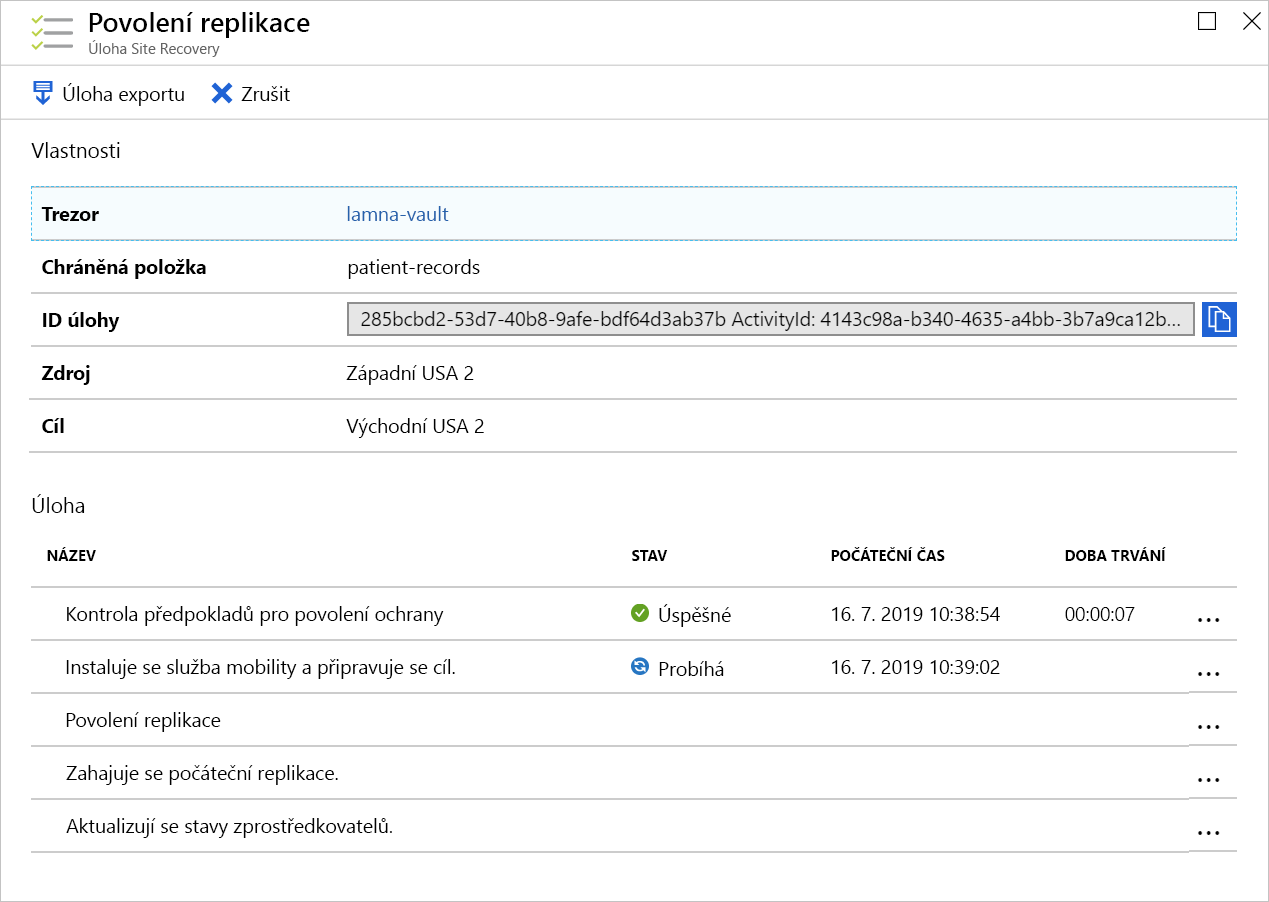 Screenshot of the Enable replication job's progress.