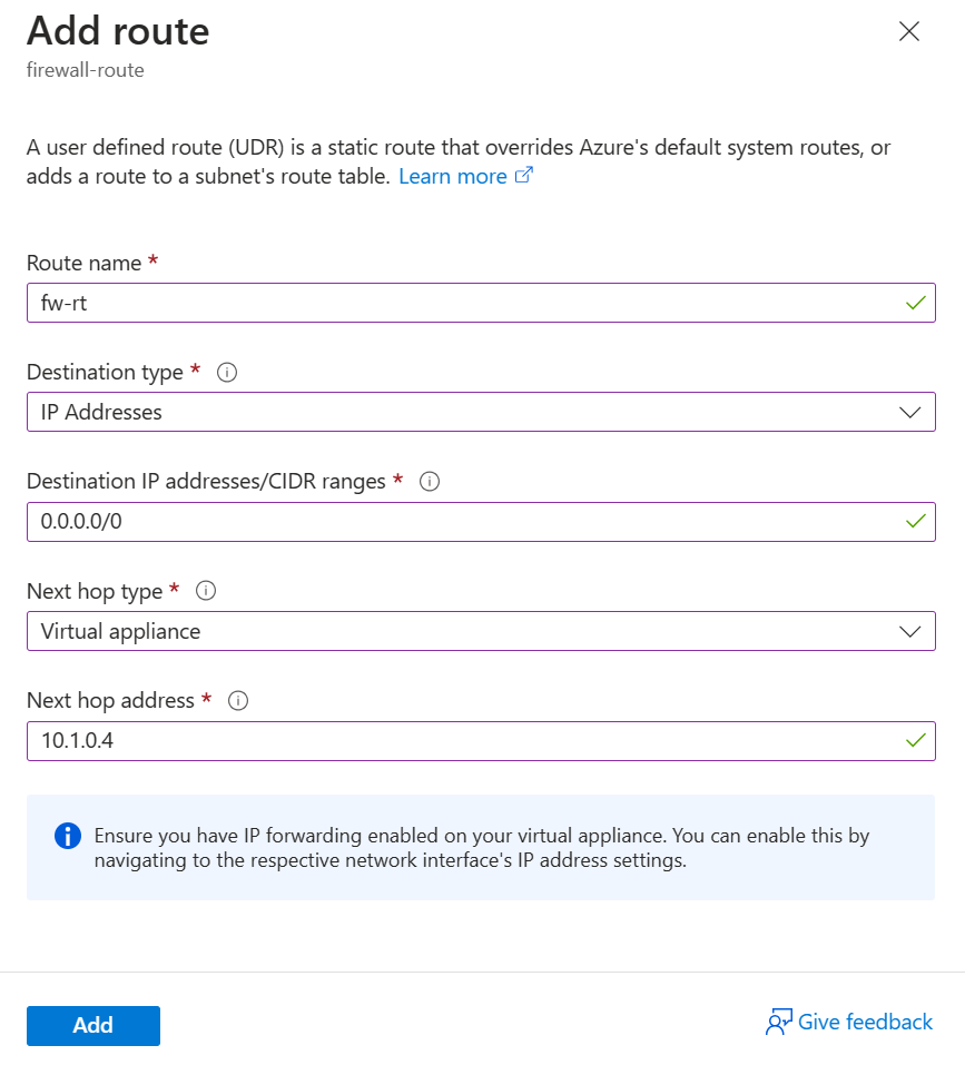 Screenshot that shows the information to include when adding a route.