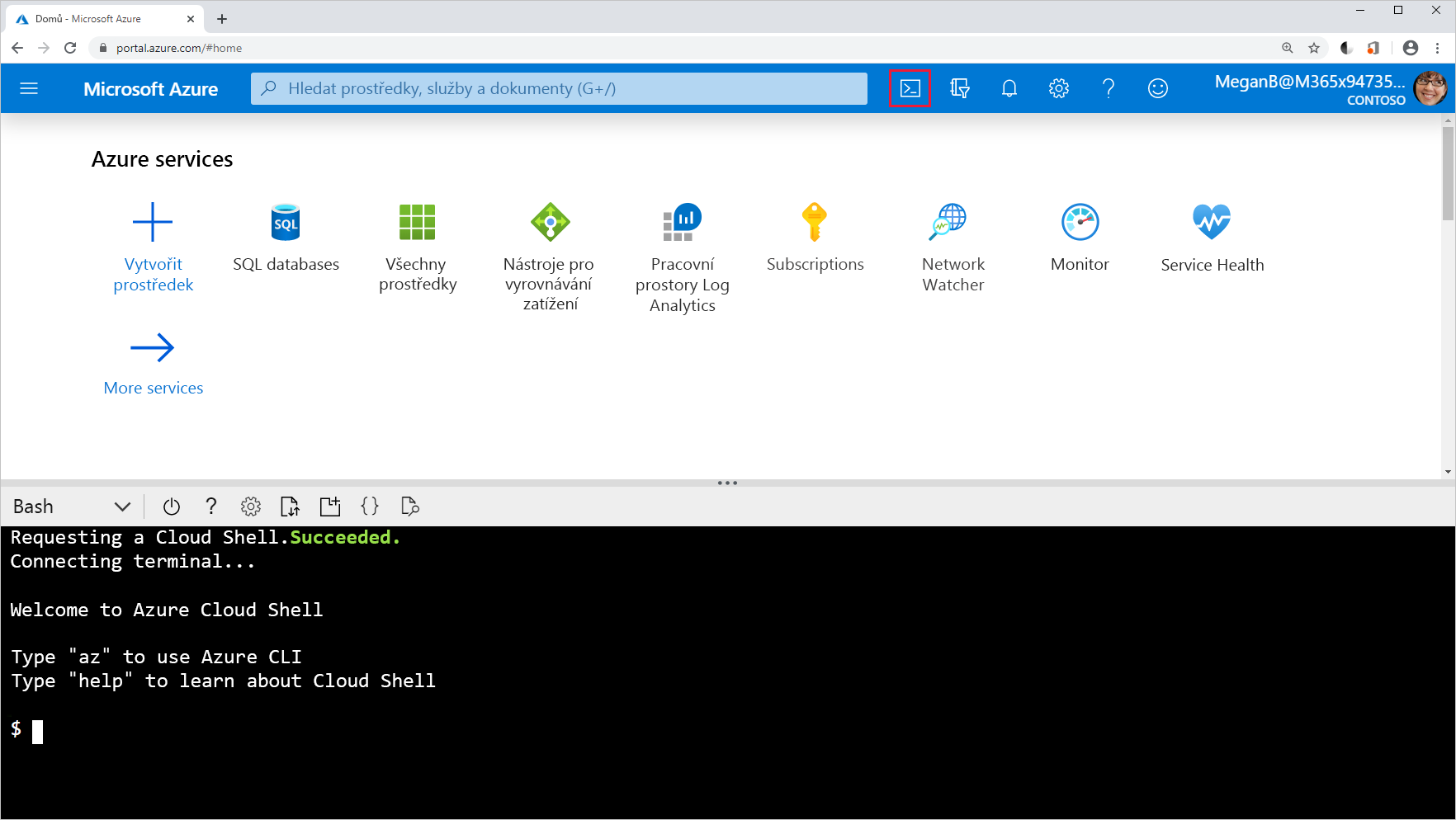 Snímek obrazovky s ikonou Cloud Shellu na webu Azure Portal