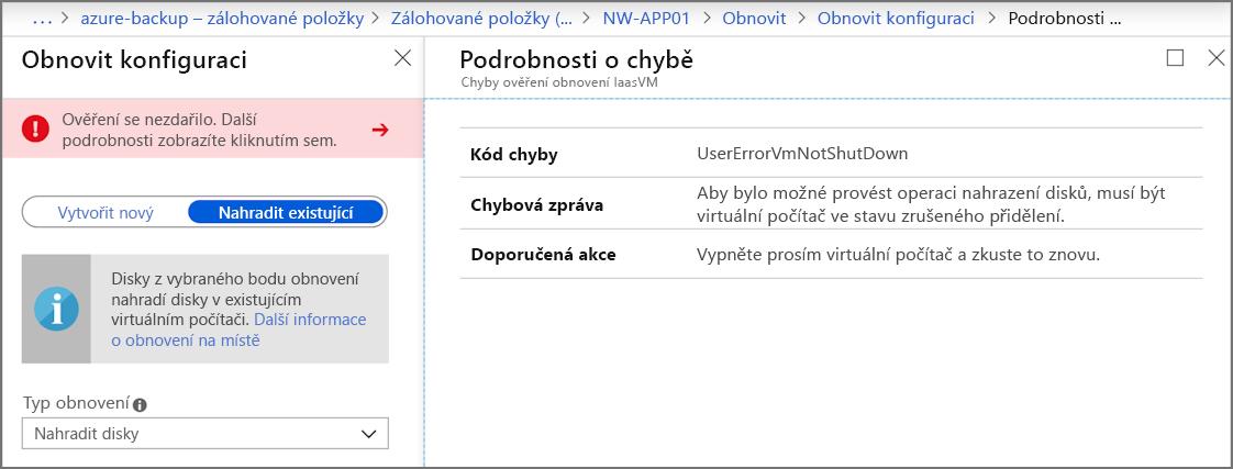 Snímek obrazovky znázorňující podrobnosti o chybě při spuštění virtuálního počítače