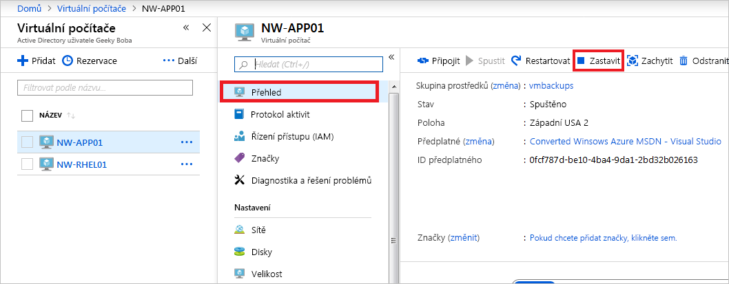 Snímek obrazovky znázorňující, jak virtuální počítač zastavit