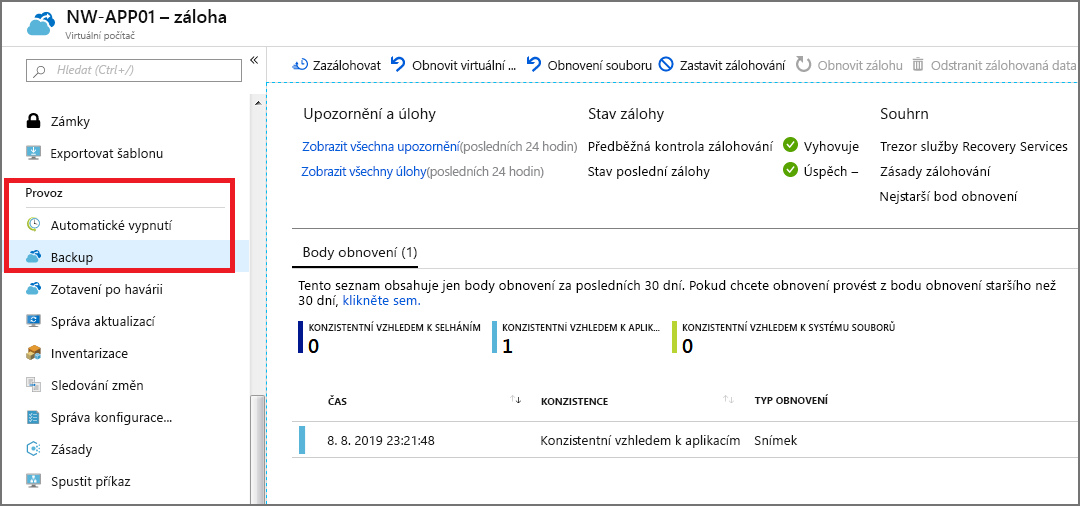 Snímek obrazovky s operací zálohování virtuálního počítače