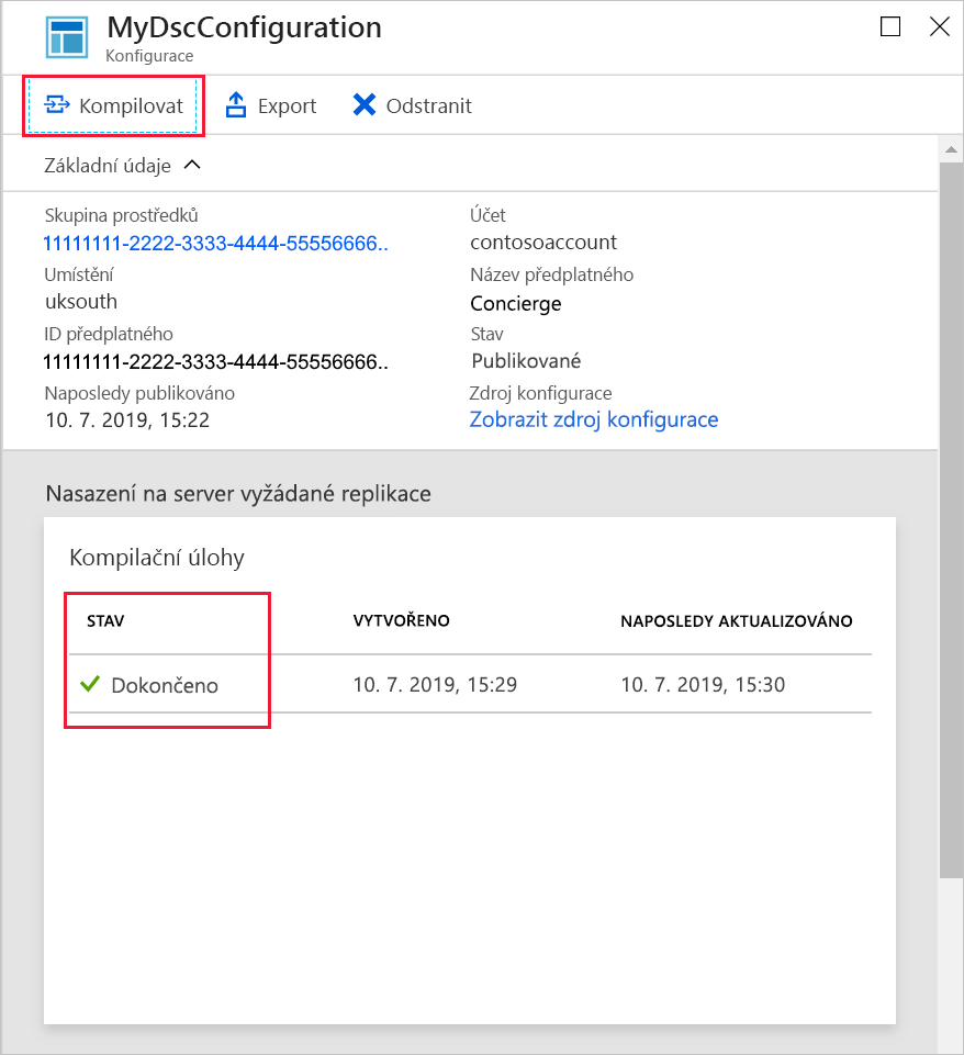 Snímek obrazovky webu Azure Portal zobrazující stav úlohy kompilace pro konfiguraci