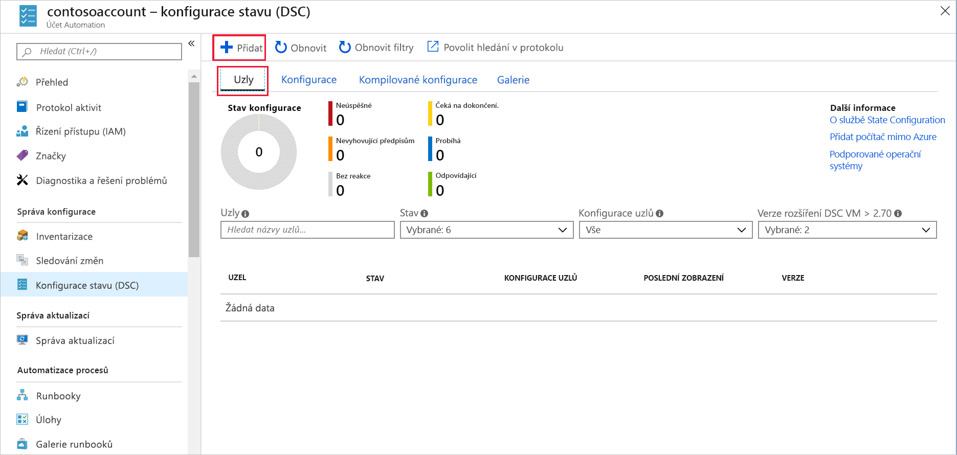 Snímek obrazovky webu Azure Portal s podoknem Uzly