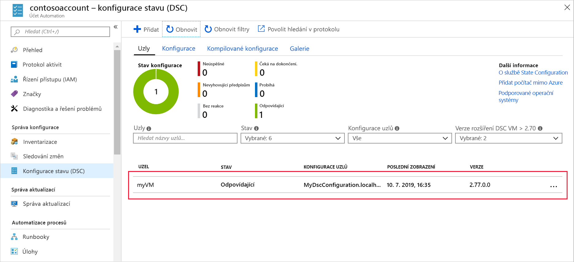 Snímek obrazovky webu Azure Portal zobrazující podokno Uzly s zaregistrovaným virtuálním počítačem myVM