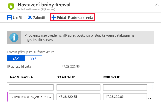 Snímek obrazovky webu Azure Portal zobrazující podokno nastavení brány firewall databáze SQL se zvýrazněnou IP adresou přidat klienta