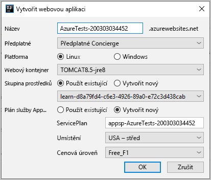 snímek obrazovky s dialogovým oknem Vytvořit webovou aplikaci