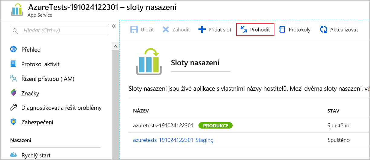 Snímek obrazovky výměny slotů nasazení pomocí portálu Azure