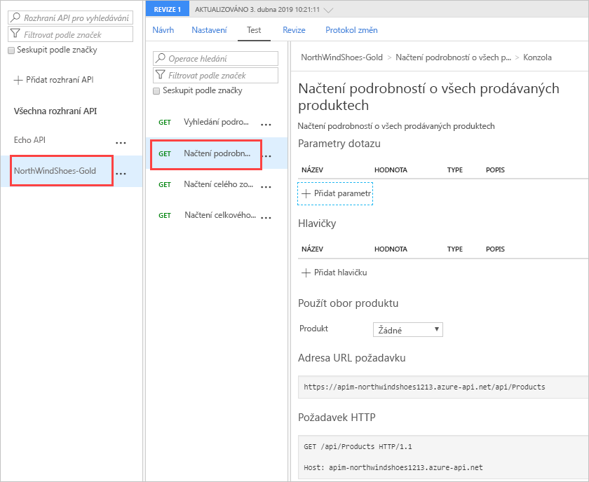 Snímek obrazovky s konfigurací rozhraní API webu Azure Portal zobrazující zvýrazněný test požadavku GET na importovaném rozhraní API