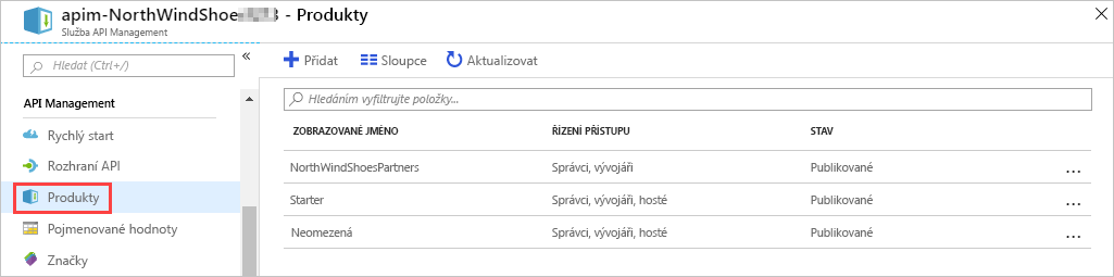 Snímek obrazovky webu Azure Portal zobrazující službu API Management se zvýrazněnou částí Products