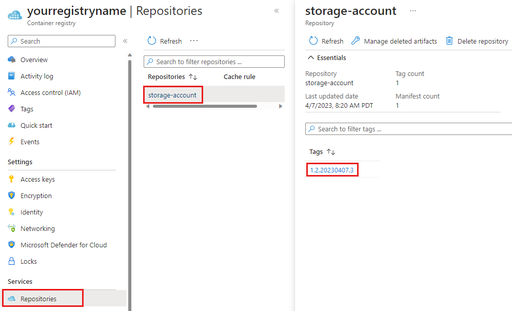 Snímek obrazovky webu Azure Portal znázorňující modul Bicep v registru kontejneru