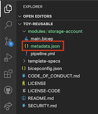 Snímek obrazovky editoru Visual Studio Code, který zobrazuje umístění souboru JSON s tečkou metadat