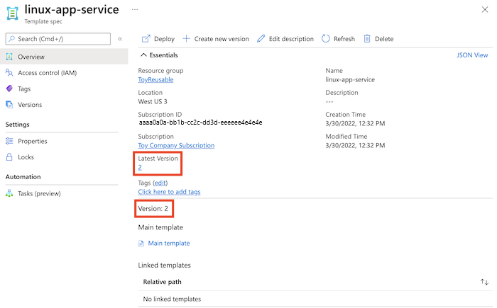 Snímek obrazovky webu Azure Portal znázorňující podrobnosti specifikace šablony