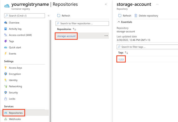 Snímek obrazovky webu Azure Portal znázorňující modul Bicep v registru kontejneru