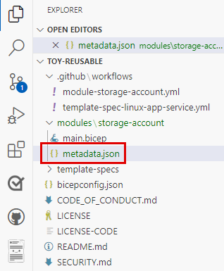 Snímek obrazovky editoru Visual Studio Code, který zobrazuje umístění souboru metadat s tečkou J S O N