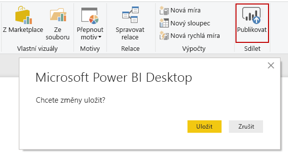 Snímek obrazovky Microsoft Power BI s tlačítkem Publikování na ploše