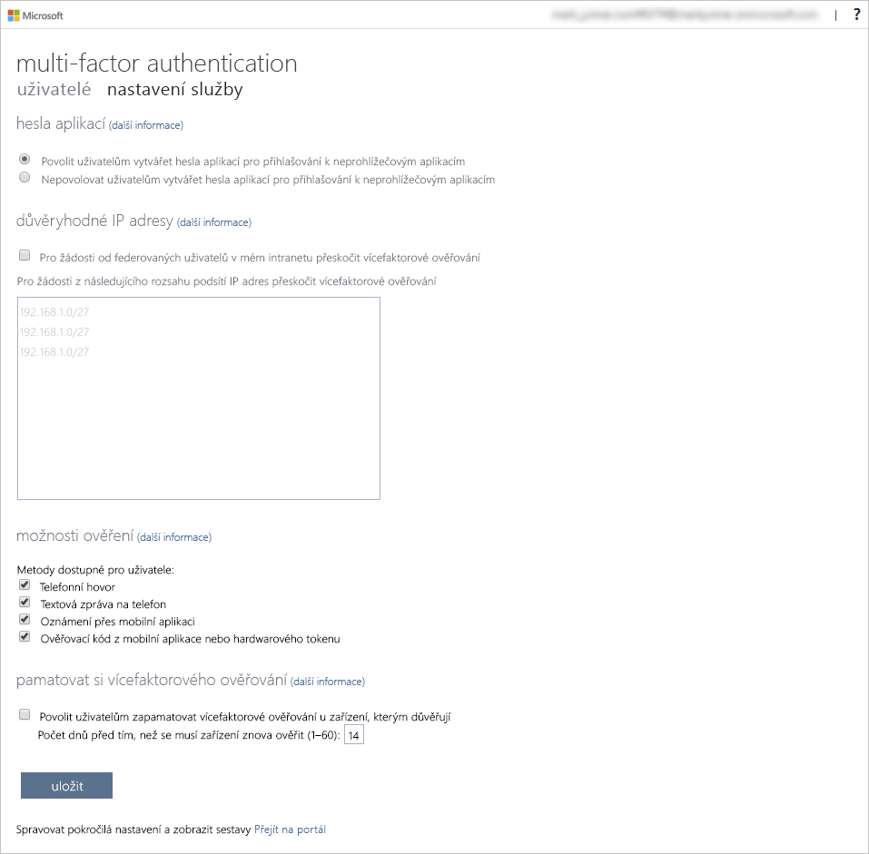 Snímek obrazovky znázorňující konfiguraci vícefaktorového ověřování