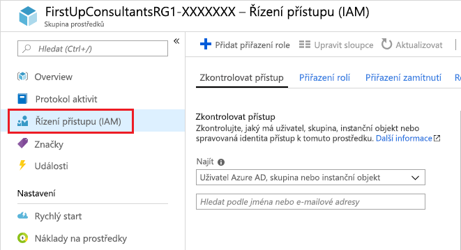 Snímek obrazovky znázorňující možnost Řízení přístupu (IAM) v podokně skupiny prostředků