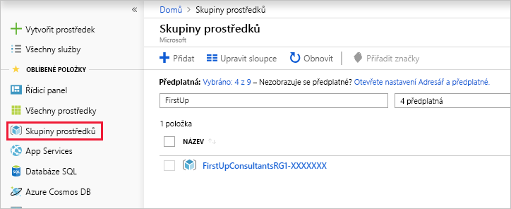 Snímek obrazovky webu Azure Portal, který ukazuje, jak hledat skupiny prostředků