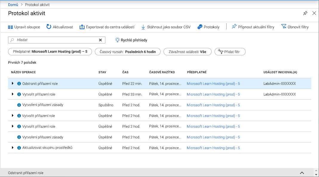 Screenshot of the Azure portal showing the Activity logs.