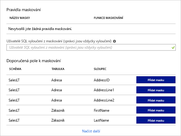 Screenshot webu Azure Portal zobrazující seznam doporučených masek pro různé databázové sloupce ukázkové databáze