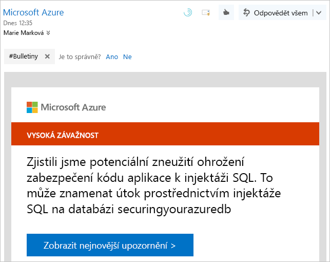 Snímek obrazovky ukazuje ukázkové upozornění na oznámení z Microsoft Defenderu pro cloud.