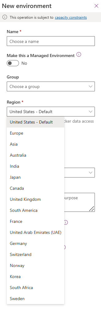 Screenshot of Microsoft Power Platform Admin Center displaying a list of environments including Personal Productivity, Production, Test, and Development.