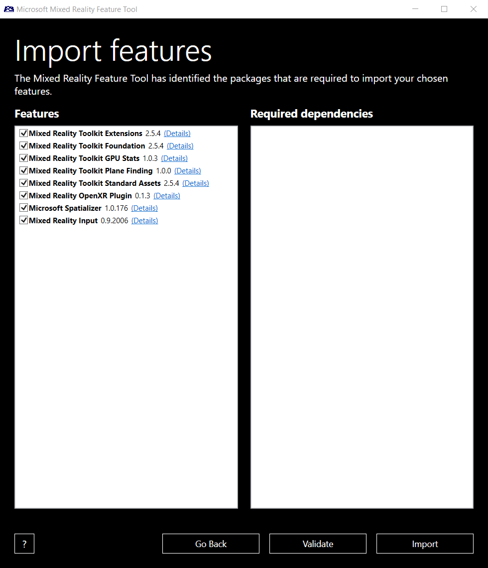 Screenshot of the Mixed Reality Feature Tool import features window.