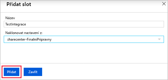 Screenshot of naming a new deployment slot and choosing whether to clone settings in the Azure portal.