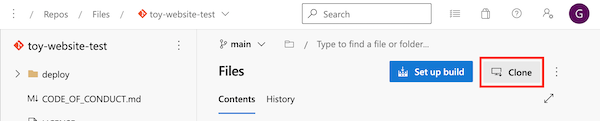 Snímek obrazovky Azure DevOps, který zobrazuje úložiště se zvýrazněným tlačítkem Klonovat