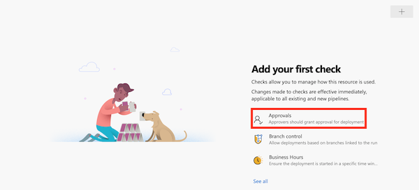 Snímek obrazovky s rozhraním Azure DevOps, které zobrazuje stránku pro přidání kontroly se zvýrazněnou položkou Schválení