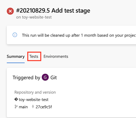 Snímek obrazovky s rozhraním Azure DevOps, které zobrazuje spuštění kanálu se zvýrazněnou kartou Testy