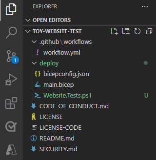 Snímek obrazovky Průzkumníka editoru Visual Studio Code se zobrazenou složkou deploy a testovacím souborem