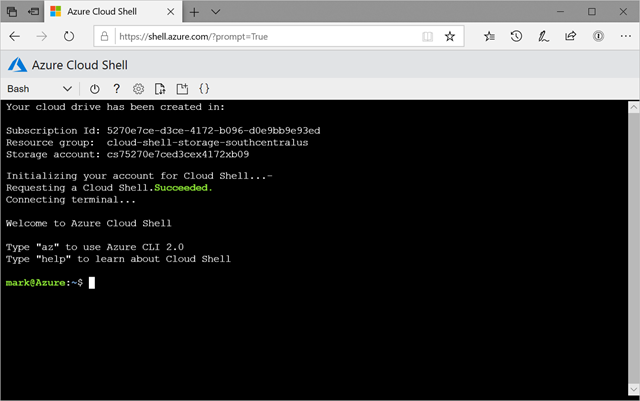 Snímek obrazovky instance Azure Cloud Shellu pomocí bashe v okně prohlížeče Microsoft Edge