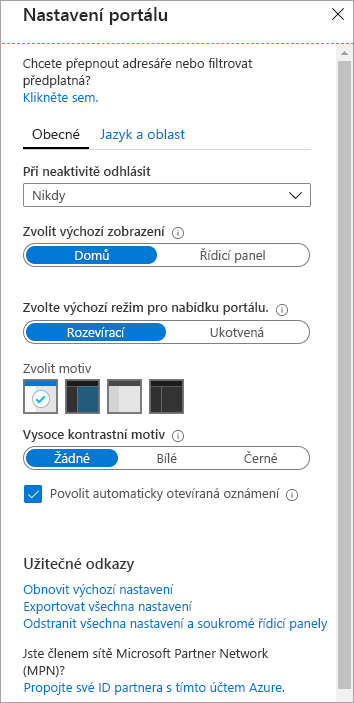 Snímek obrazovky s podoknem nastavení webu Azure Portal