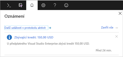 Snímek obrazovky s oknem oznámení v globální nabídce ovládacího prvku na webu Azure Portal