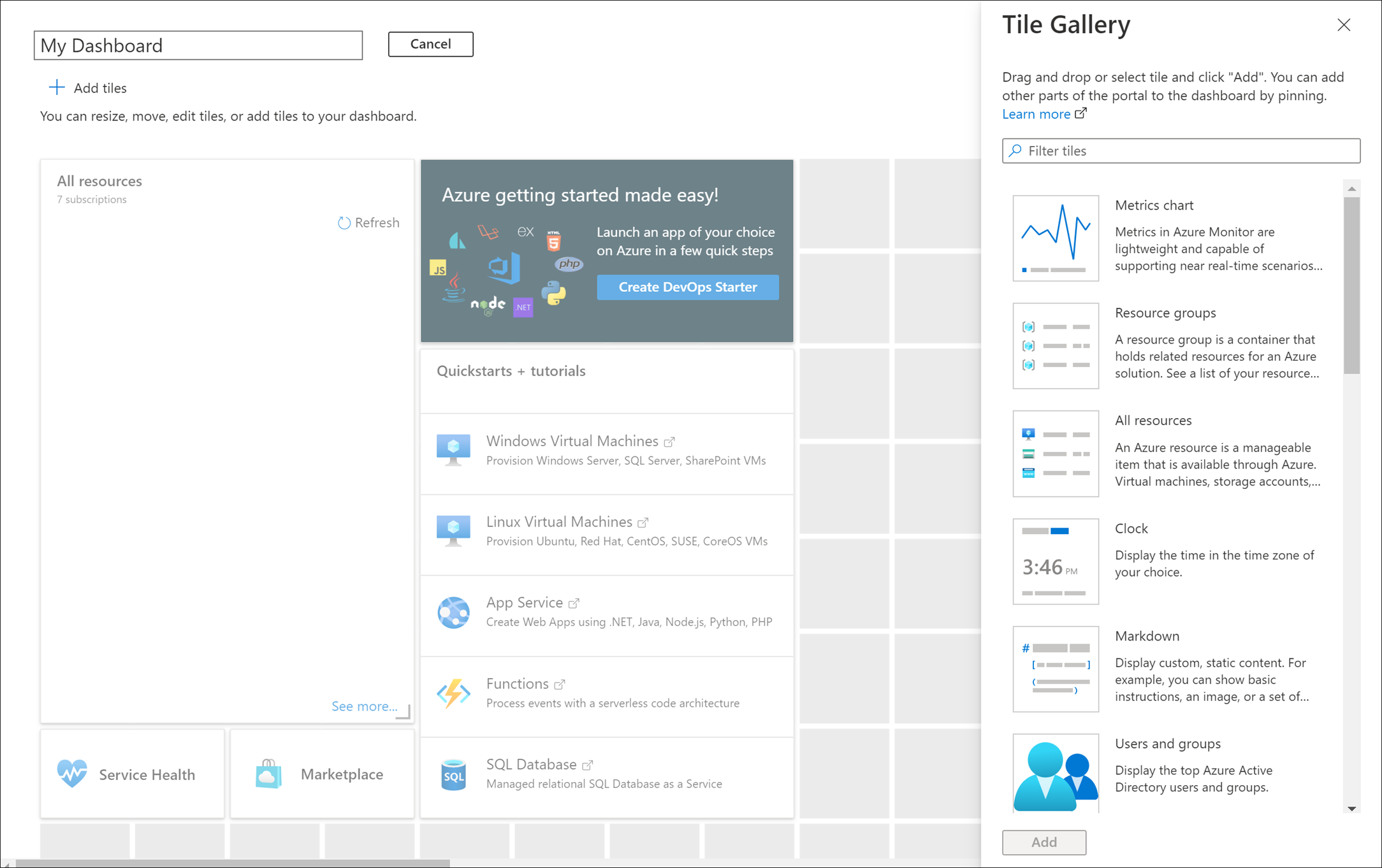 Snímek obrazovky znázorňující řídicí panel v režimu úprav na webu Azure Portal