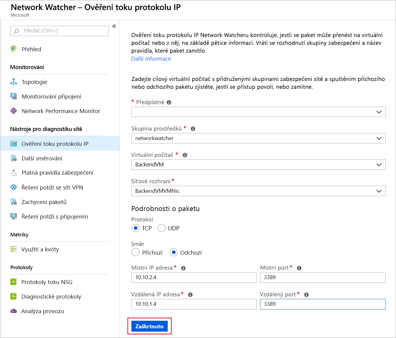 Snímek obrazovky znázorňující test toku PROTOKOLU IP