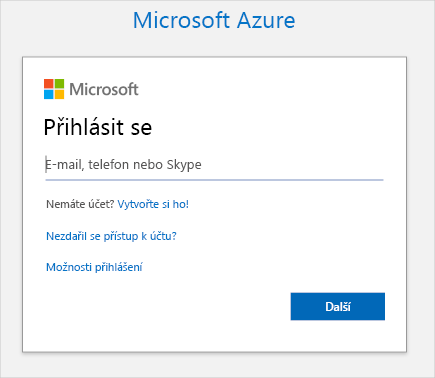 Snímek obrazovky znázorňující přihlašovací stránku Azure