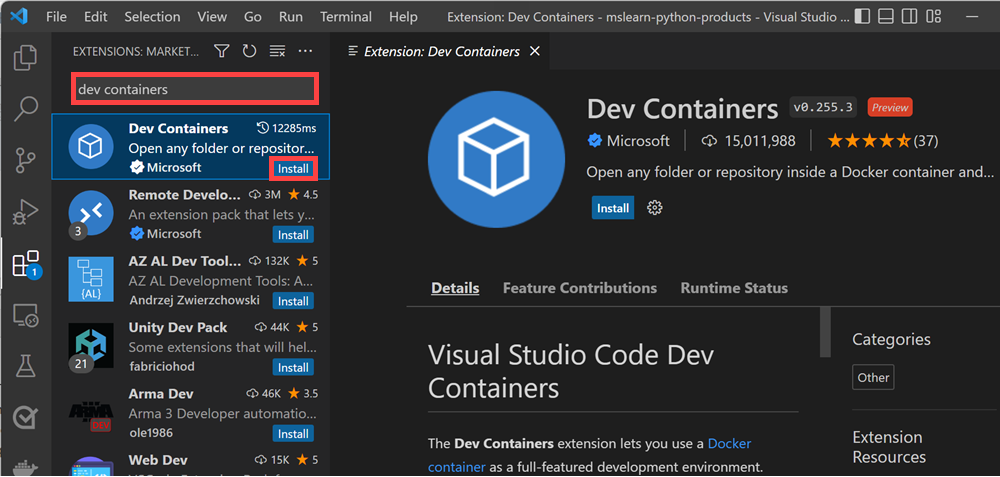 Snímek obrazovky galerie rozšíření editoru Visual Studio Code zobrazující rozšíření Dev Containers